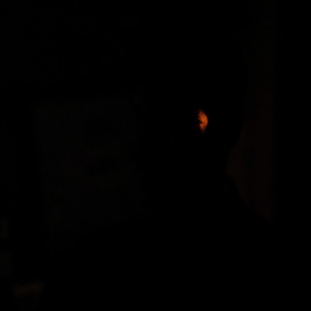 Dark, low-key abstract photograph of layered translucent shapes in deep teal and charcoal, suggesting a mind filtering reality through shadow