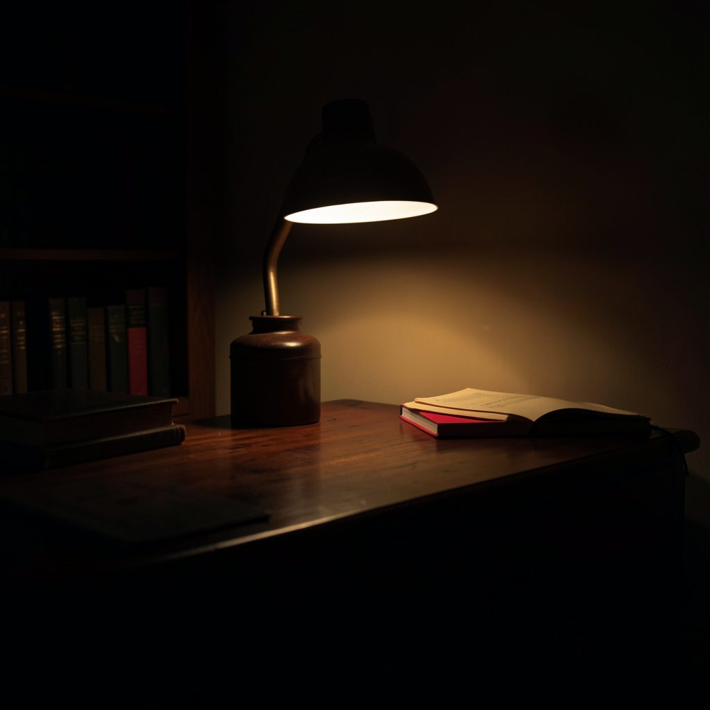 Wide, low-light photograph of a quiet study desk, dark wood and deep shadow, a single warm lamp casting a muted gold pool of light across an open notebook, deep charcoal and teal-black tones, contemplative and steady.